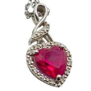 CN Sterling Silver 925 Heart Ruby Pendant Necklace Diamonds Pave Accent